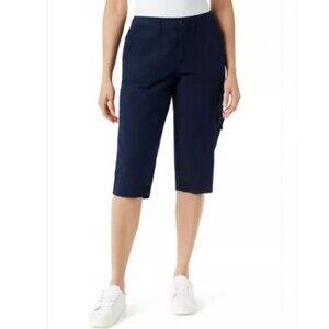 Gloria Vanderbilt Womens 12 Petite NEW Cargo Capri Pants Navy Blue Stretch Light